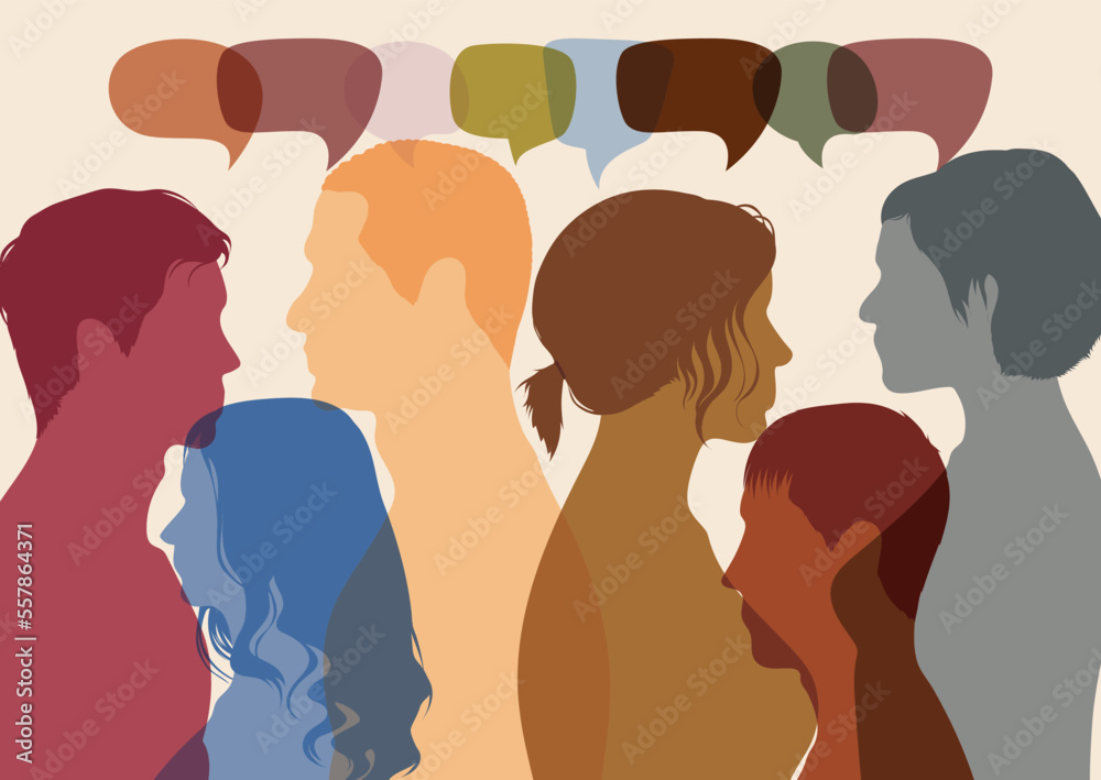 Multiethnic and multicultural people talking and dialoguing in a crowd. People share ideas and communicate with each other. Vector Illustration