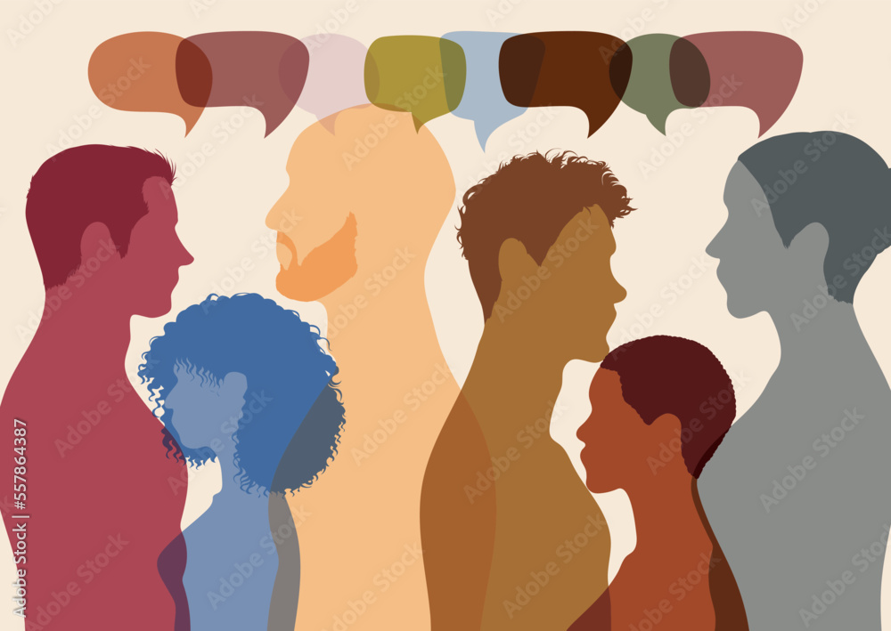 It's all about community, speaking and socialising. Having a dialogue and informing each other. Diversity people. Talk and share ideas with a group of multi-ethnic people. Vector Illustration