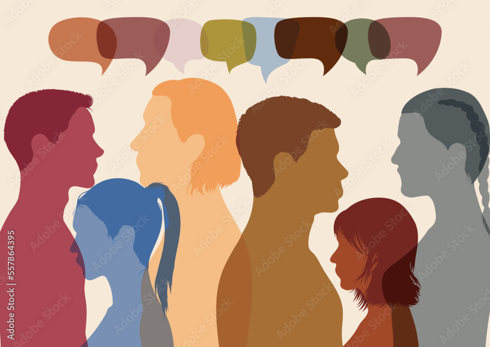 Group of people talking, with speech bubbles in the background. Using social networking to communicate. People conversing with each other. Profile with multiple colours. Vector Illustration Group of people talking, with speech bubbles in the background. Using social networking to communicate. People conversing with each other. Profile with multiple colours. Vector Illustration