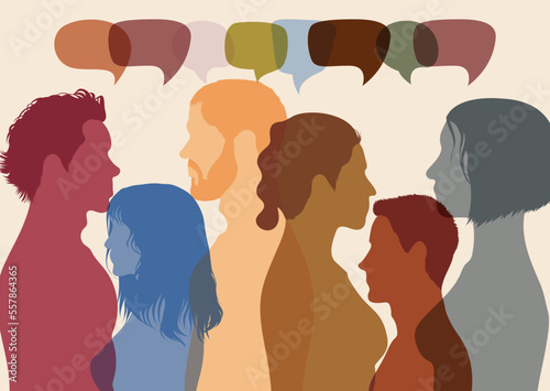 Interactive speech bubble and dialogue group with diverse participants. People of different ethnicities communicating. Talk about globalisation and discussion. Vector Illustration