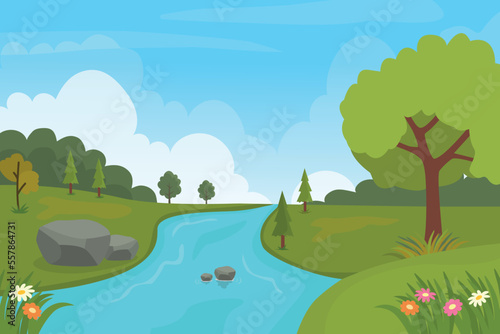 Countryside nature landscape cartoon background with river, stone, green grass, tree, hill, road and flowers