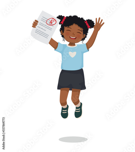 cute little African schoolgirl holding exam paper with good mark A plus grade in test result jumping feeling happy