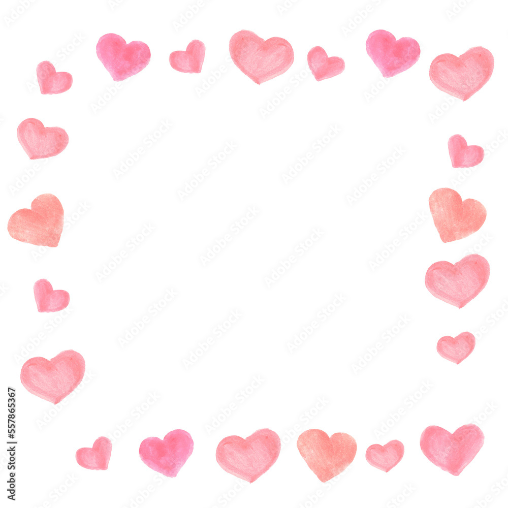 Valentine watercolor pink heart frame. Hand drawn watercolor illustration isolated on white background