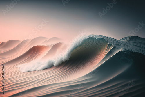 Big wave breaking over the horizon in the ocean at sunset, Surreal background illustration, Generative AI