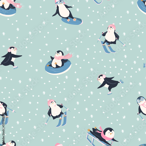 Seamless pattern with penguins on a snowing background