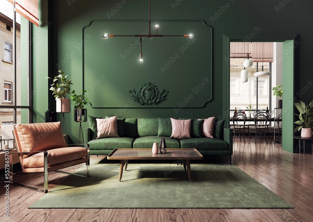 Nowoczesne i przestronne  mieszkanie w starej kamienicy. Elegancki i luksusowy salon z wygodną sofą i fotelem zaprojektowany w stylu klasycznym,  vintage i mid-century modern w ciemno zielonym kolorze - obrazy, fototapety, plakaty 