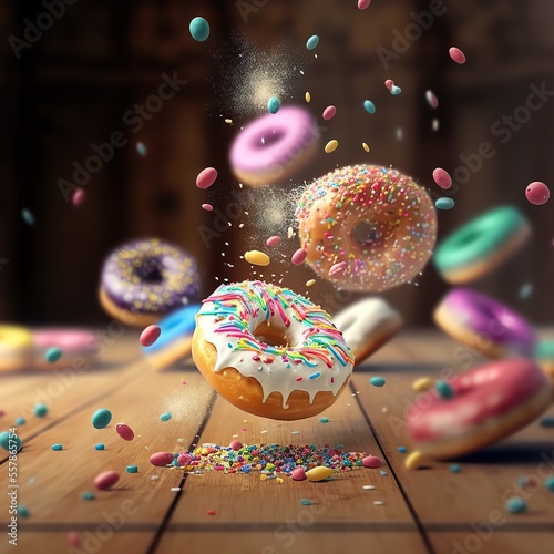 Flying donuts. Multicolored mix. Generative ai. 