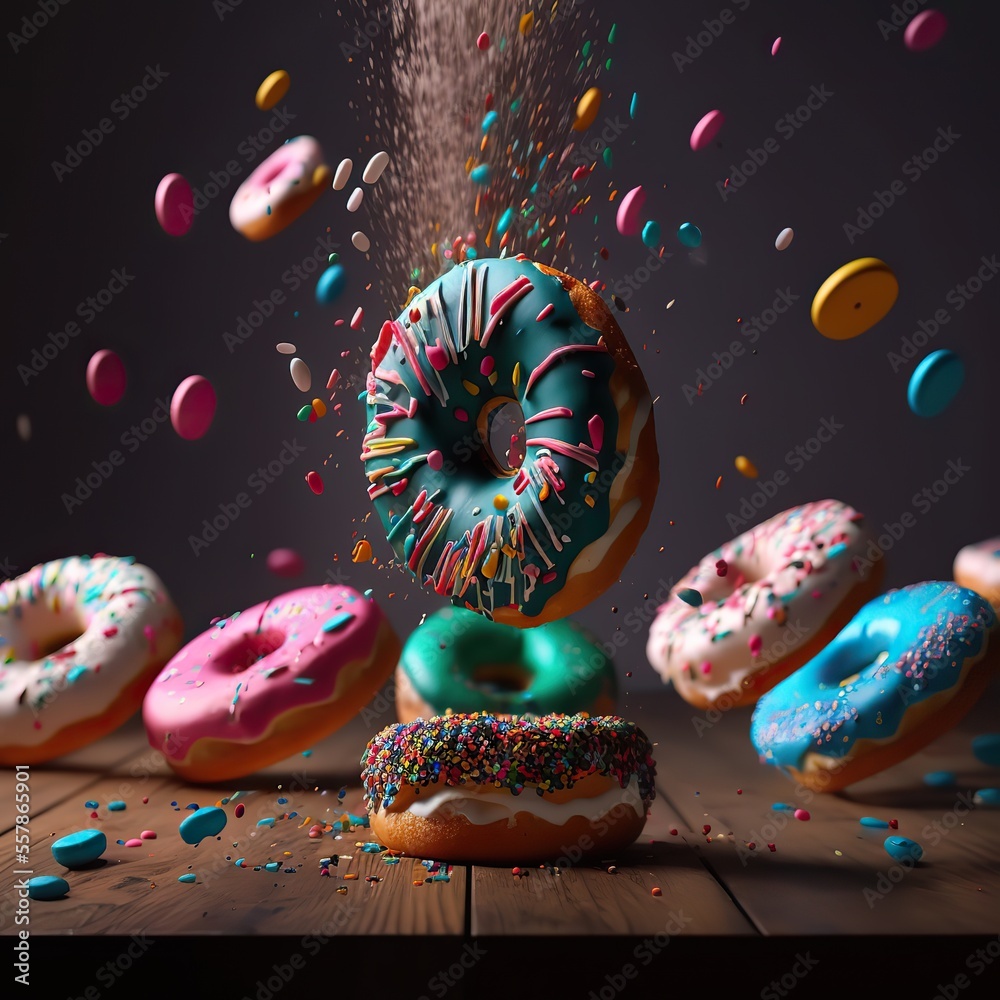 Flying donuts. Multicolored mix. Generative ai. 