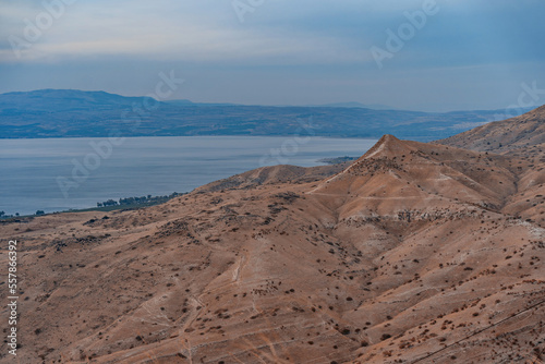 Kineret view from national park Hippus - Susita located on the hill on the Golan Heights in northern Israel on the Sea of Galilee. Traveling and hiking outdour nature concept photo