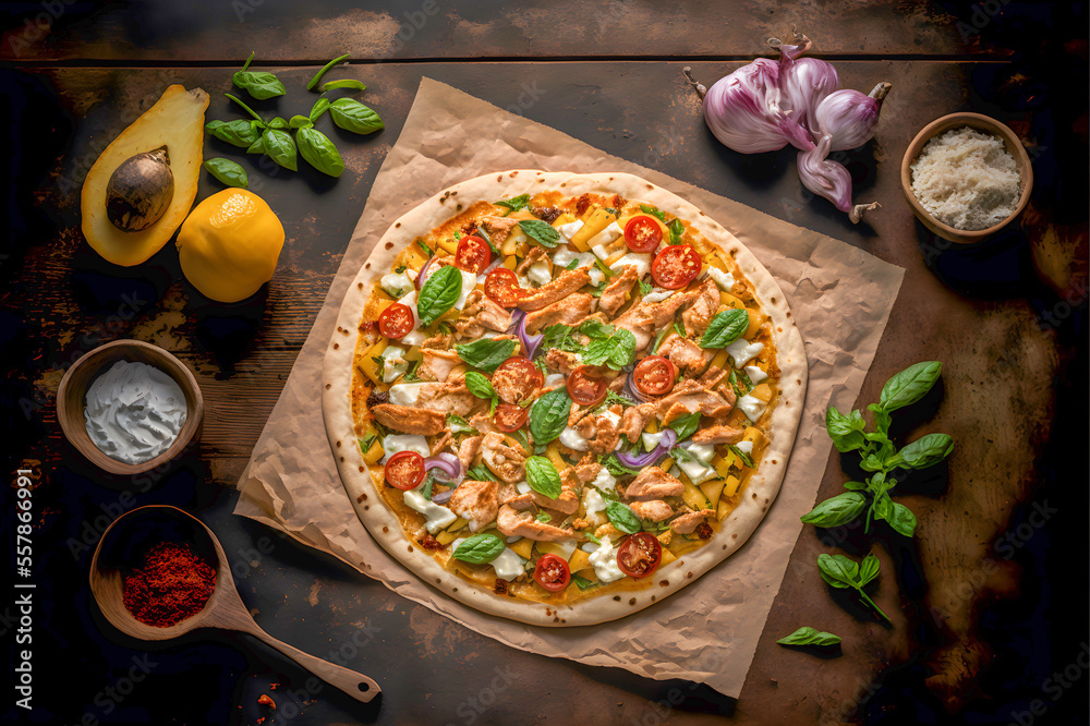 Pita Pizza with Spiced Chicken Shawarma and Toppings