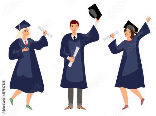 Student graduation set vector illustration. Adult education, male and female graduates concept. happy students.
