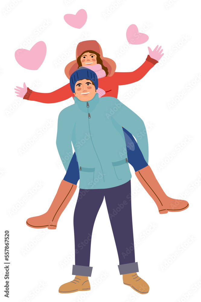 Winter walking people. Winters activities. Men and women in love. Happy couple in warm winter season clothes, hats and coats. Ideal for winter holidays themed design. Isolated on white background. Winter walking people. Winters activities. Men and women in love. Happy couple in warm winter season clothes, hats and coats. Ideal for winter holidays themed design. Isolated on white background.