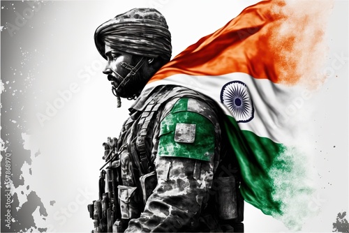 Obraz na plátně Indian Army soilder holding flag of India with pride for 26th January Happy Republic Day