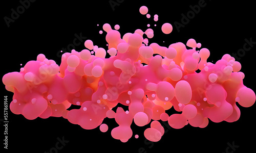 Digital abstract futuristic background of flying, flowing spheres, metaballs.  Pink substance slime isolated on white background. Subsurface scattering . Depth of field. 3D render