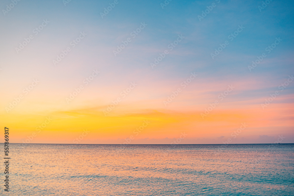 Beautiful sunrise beach. Exotic happy shore waves on bright sand sea horizon. Closeup idyllic Mediterranean dream sunset sky. Peaceful tranquil relax summer colorful clouds. Positive energy meditation