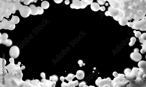 Digital abstract background of flying, flowing spheres, metaballs. Framed into circle slime white substance isolated on black background. Subsurface scattering . Depth of field. 3D render
