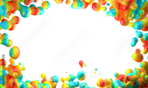 Digital abstract futuristic background of flying, flowing spheres, metaballs. Framed into circle slime rainbow colorful substance isolated on white background. Depth of field. 3D render