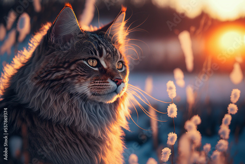 Beautiful cats in the sunset light in the winter landscape