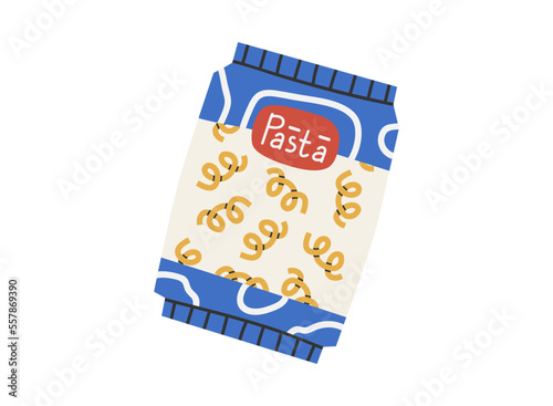 Hand drawn cute cartoon illustration pack of pasta. Flat vector food in plastic packaging in colored doodle style. Italian traditional flour product icon or print. Isolated on background.