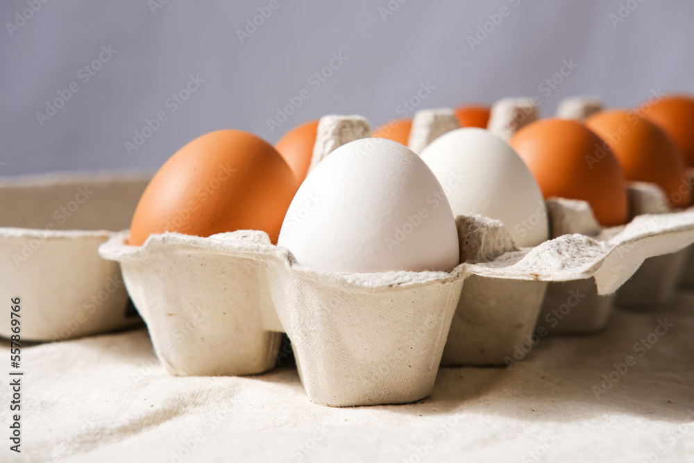 Set of fresh chicken eggs. Side view, space for text. Easter concept.