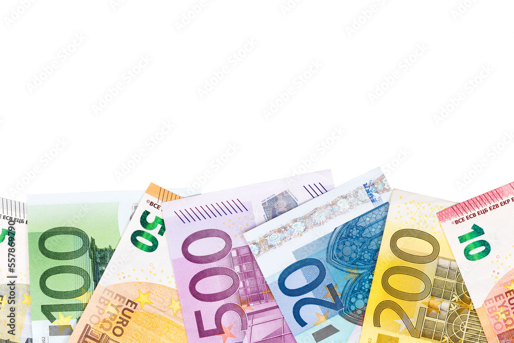 Photo of all Euro money with place for text, isolated. Individual details of the set of European Union's Euro cash, with a front side view. World money and economy concept. Photo of all Euro money with place for text, isolated. Individual details of the set of European Union's Euro cash, with a front side view. World money and economy concept.