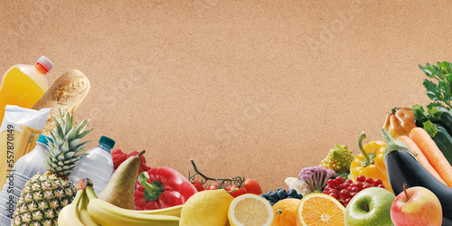 Foto Assortment of fresh groceries and copy space