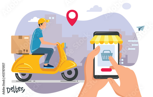 Hands with phone. Delivery app. Vector illustration