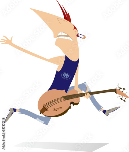 Cartoon guitar player isolated illustration. 
Funny guitarist with electric guitar isolated on white illustration
