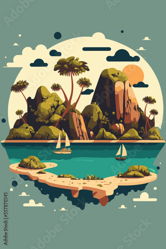 Tropical island in ocean with mountain and palm trees isolated background