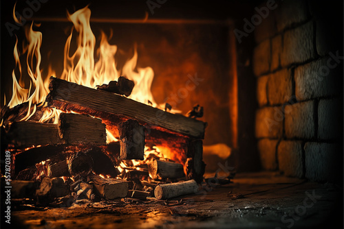 Fireplace with burning logs, flaming wood closeup, Generative AI