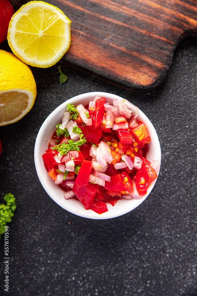 tomato salsa spicy salad traditional food fresh meal food snack on the table copy space food background rustic top view
