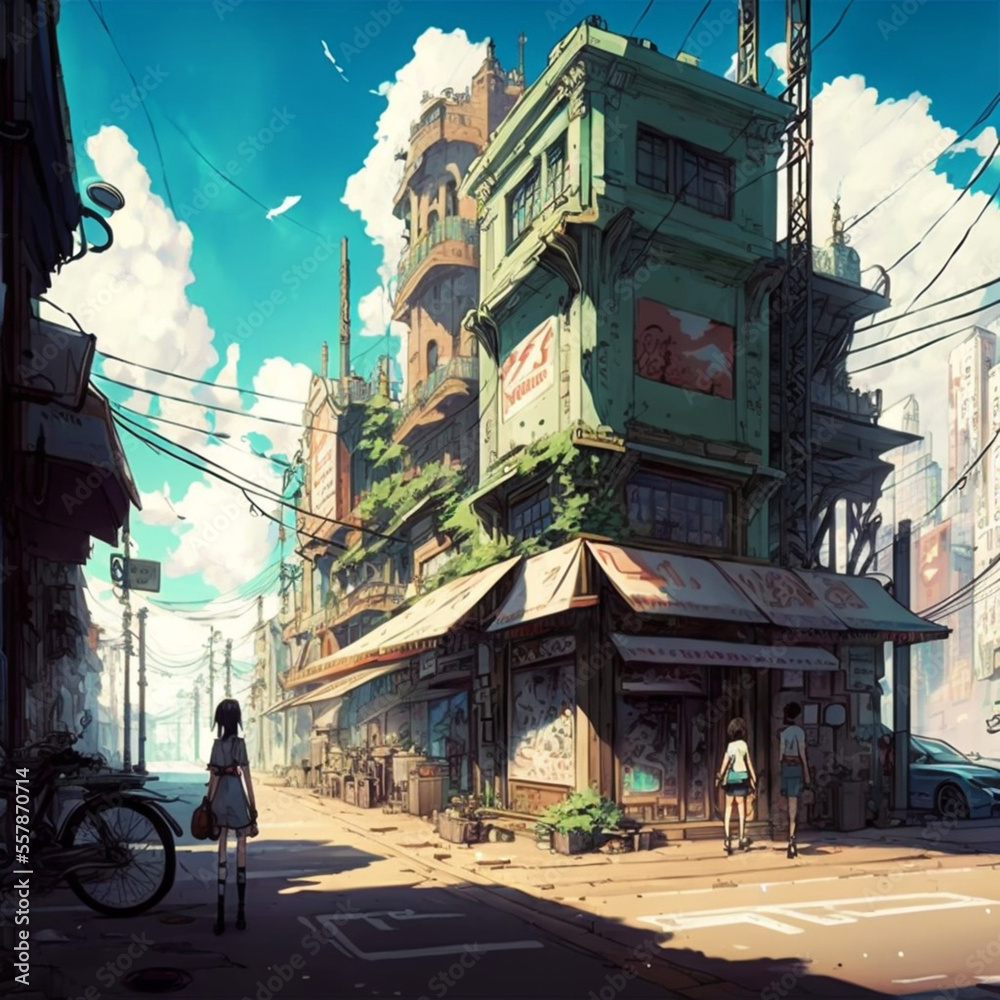 Illustration of a city with manga aesthetics. Generative AI.