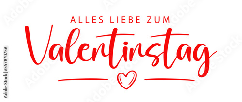 Happy Valentine's Day lettering in German (Alles Liebe zum Valentinstag). Greeting card template with typography, heart and lines. Cartoon. Vector illustration