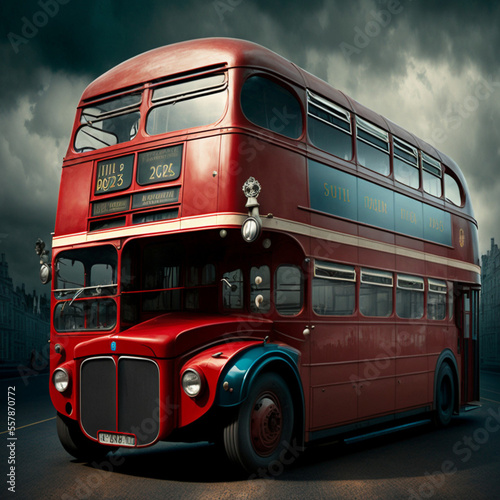Red double-decker bus around the city. Generative AI.
