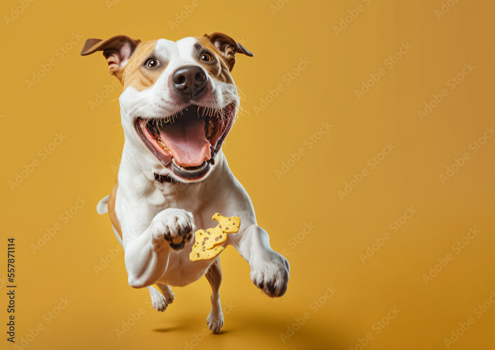 Dogs going to eat a treat or treat for dogs on a yellow background. Generative AI.