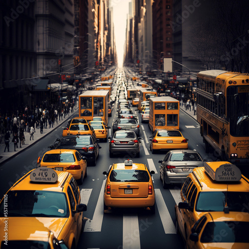 Image of New York City with traffic and yellow cabs. Generative AI.