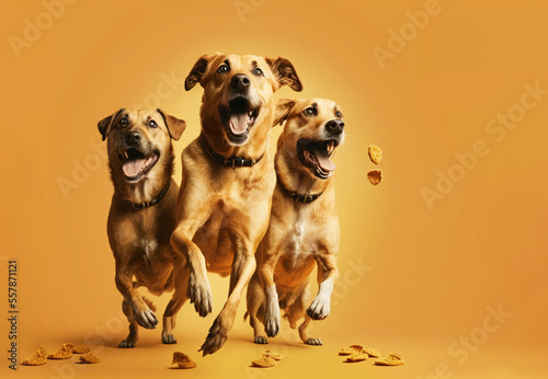 Dogs going to eat a treat or treat for dogs on a yellow background. Generative AI.