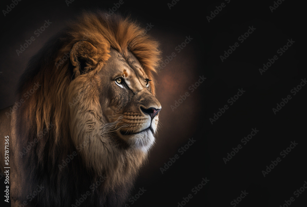 Studio portrait of a lion on a black background. Generative AI.