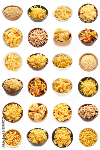 Collage of different types of Italian pasta in bowls on white background