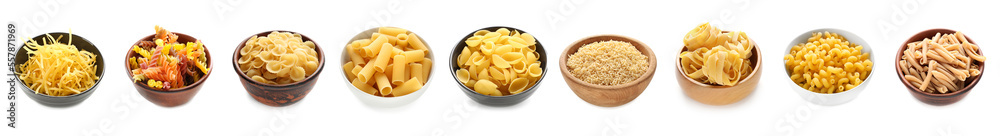 Group of different types of Italian pasta in bowls on white background