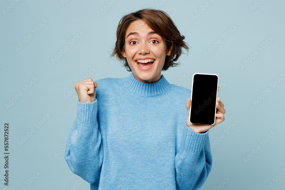 Young smiling happy woman in knitted sweater hold in hand use mobile cell phone with blank screen workspace area do winner gesture isolated on plain pastel light blue cyan background studio portrait Young smiling happy woman in knitted sweater hold in hand use mobile cell phone with blank screen workspace area do winner gesture isolated on plain pastel light blue cyan background studio portrait