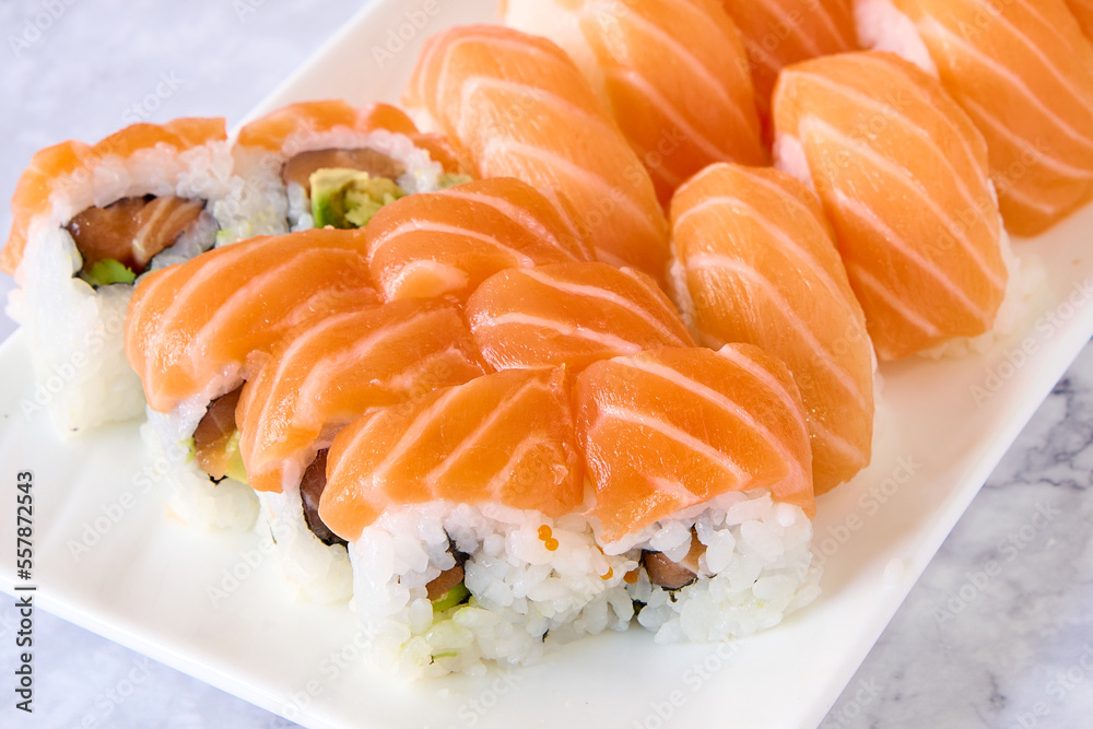 salmon sushi plate with rice and avocado salmon sushi plate with rice and avocado