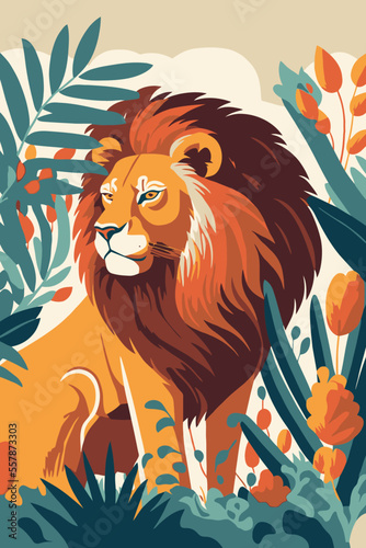 lion wild animal on leaf background, flat color vector illustration poster