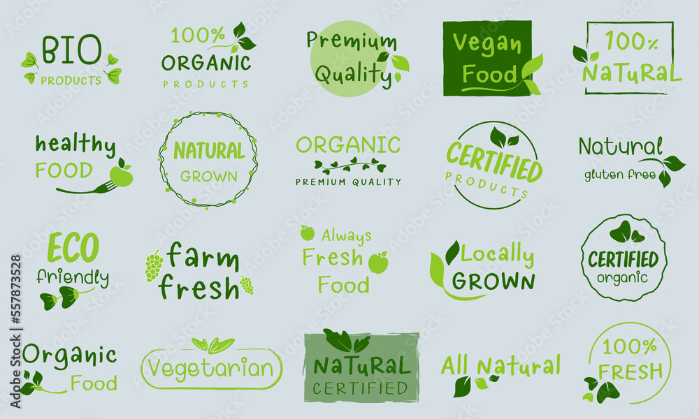 Organic food, healthy life and natural product sign, labels and badges for food and drink market.