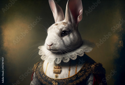 Rabbit aristocrat. Vintage outfit with ruff. White millstone collar. Generative Ai Art. Antique style portrait of a bunny in ruff collar. photo