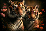 Two tigers in jungle. Generative Ai Art. Wildlife concept.