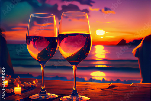 Romantic dinner date at sunset by the ocean, ideal for valentines backgrounds