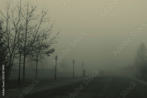 The streets of the city of Koprivshtitsa during fog.City in Bulgaria