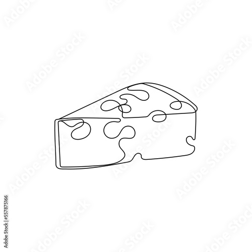 Piece of cheese with holes in one line drawing style. Dairy, milk products. Hand drawn vector illustration.