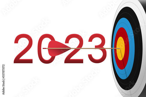 Red arrow hit to center of dartboard with 2023 number. Archery dart target and bullseye. Business success, investment goal, challenge, aim strategy, achievement focus concept.